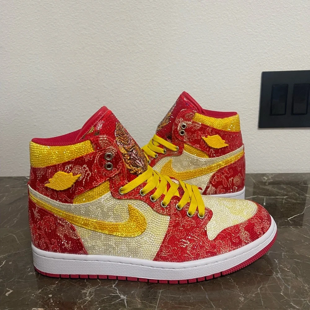 Custom Red, Yellow Rhinestone Crystal Nike Air Jordan Sneakers,Size Euro 41,
